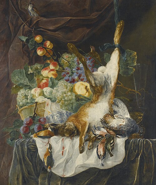 Still life of a hare, game and songbirds before a still life of fruit in a basket on a ledge, 1660, Jan Fyt