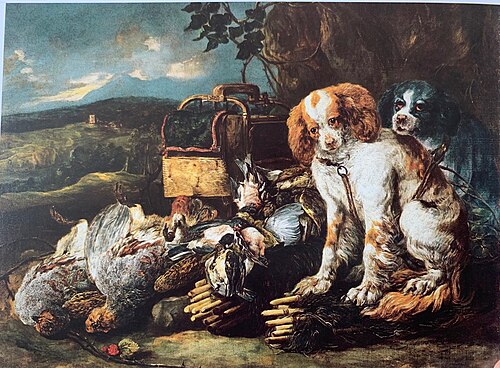 Game birds and bird trap with two dogs, 1660, Jan Fyt