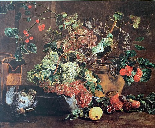 Flowers and fruit with young partridge and bird trap, 1660, Jan Fyt
