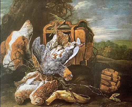 Game still life with a dog in a landscape, 1660, Jan Fyt