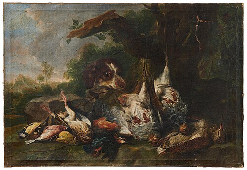 A hunting dog with dead birds at the foot of a tree, 1648, Jan Fyt