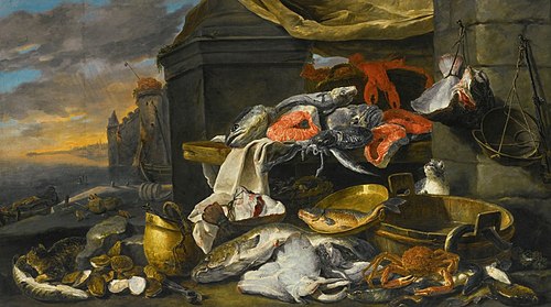 Fish, oysters, a crab and a lobster with cats, a tub, a copper dish and bucket and baskets at the fo, 1641, Jan Fyt