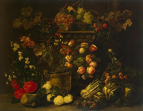 Still Life with Flowers, Fruit and Parrot, 1650, Jan Fyt