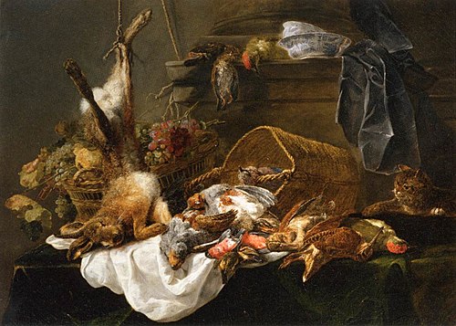 Gibier et Corbeille de raisins observés par un chat, 1650, Jan Fyt