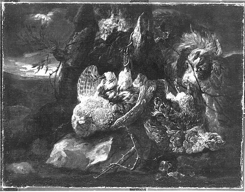 Stilleven van gevogelte in een landschap, rechts een hond, 1636, Jan Fyt