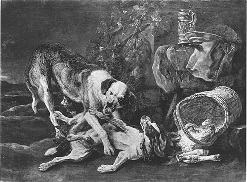 Twee vechtende honden; rechts een mand met een kop van een kalf, 1636, Jan Fyt