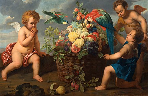 Three Putti around a Fruit Basket with Parrots, 1650, Érasme Quellin le Jeune