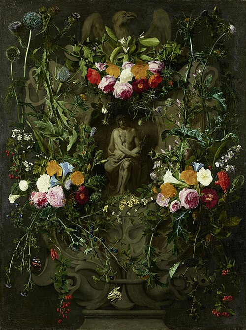 Christ in distress, sitting on the cold stone in a cartouche, surrounded by roses, thistles and othe, 1647, Érasme Quellin le Jeune