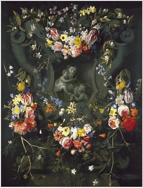 Garlands of Flowers surrounding the Virgin, the Child and Little Saint John, 1650, Érasme Quellin le Jeune