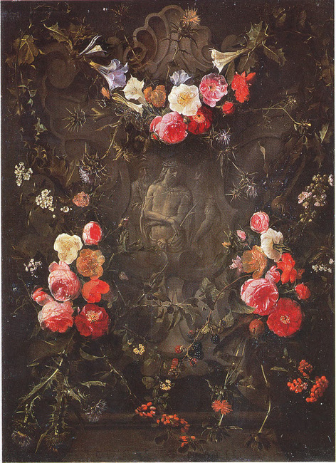 Cartouche with flowergarlands surrounding a depiction of "Ecce Homo", 1653, Érasme Quellin le Jeune