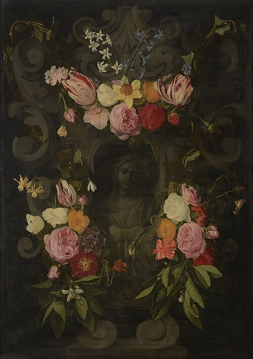 Sculpted cartouche addorned with flowers around a grisaille bust of the Virgin Mary, 1650, Érasme Quellin le Jeune