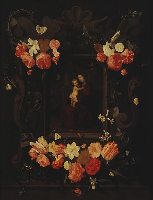 Madonna and Child Framed a Garland of Flowers, 1644, Érasme Quellin le Jeune