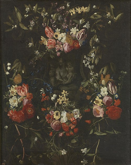 Guirlande de Fleurs avec la Vierge Marie, l'Enfant Jésus et Saint Jean, 1601, Érasme Quellin le Jeune