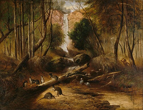 (Bush landscape with waterfall and an aborigine stalking ..., 1860, John Skinner Prout