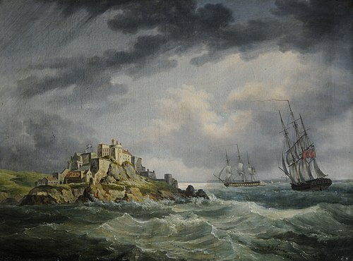 HM Frigates Seahorse and Cerebus, off Mont Orgueil Castle, Jersey, 1802, John Thomas Serres
