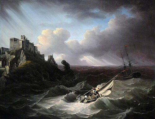 Man o' War off Mont Orgueil Castle, 1802, John Thomas Serres
