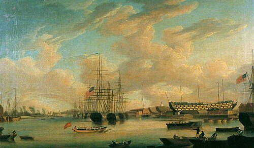 View on the Thames at Deptford Dockyard, , John Thomas Serres
