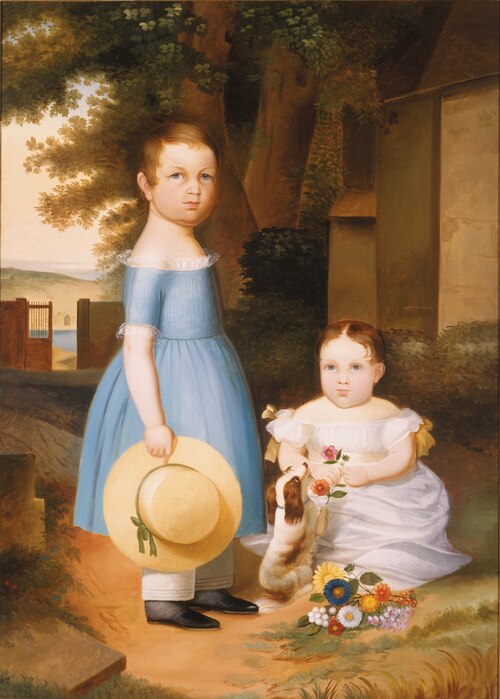 Two Sisters with Puppy and Flowers, 1842, Arthur Armstrong