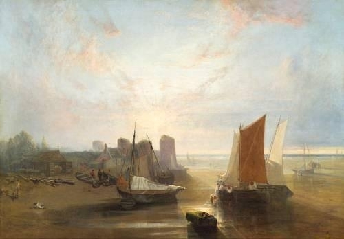A coastal scene with figures by beached fishing boats in the foreground, 1887, John Wright Oakes