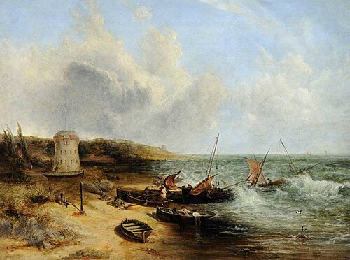 Coast Scene with Fishing Boats and a Martello Tower, Jersey, 1877, John Wright Oakes