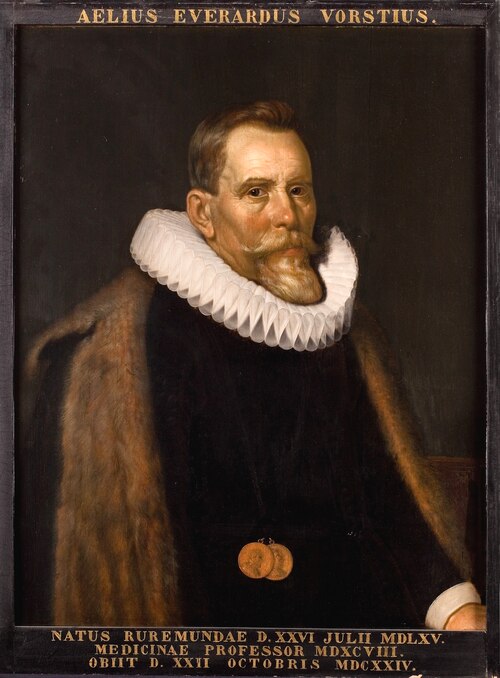Portret van Aelius Everhard Vorstius, hoogleraar Natuurkunde en Geneeskunde te Leiden, 1501, Joris van Schooten