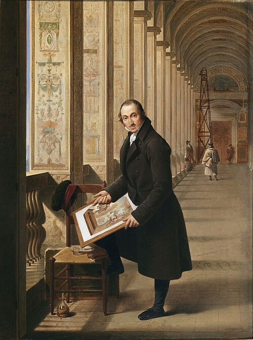 Portret van de graveur Joseph-Charles de Meulemeester aan het werk in de Loggia van het Vaticaan, 1813, Joseph François Ducq
