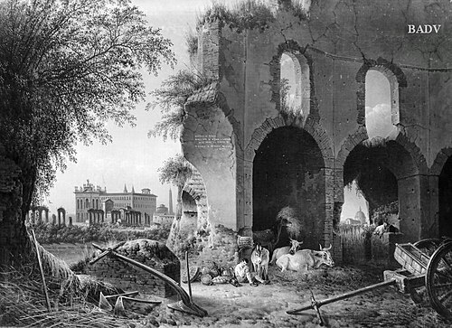 Blick vom Tempel der Minerva Medica in Rom auf den Lateran, 1832, Josef August Knip