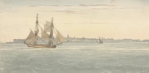 Single Brig (?) Another Sailing Vessel Against Outline of City on Background, , Joseph Cartwright