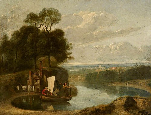 Three Boys in a Sailing Boat on a Lake with, possibly, Durham in the distance, 1770, Joseph Farington