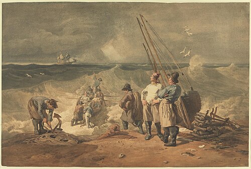 Coast of Sussex, Pushing Off a Boat to a Vessel in Distress, 1808, Joshua Cristall