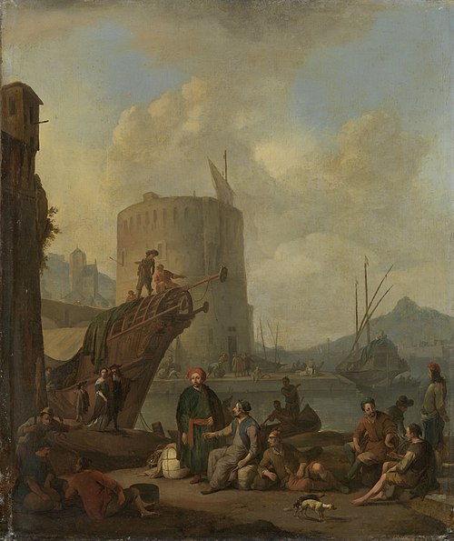Italian harbor with a fortified tower, 1664, Johannes Lingelbach