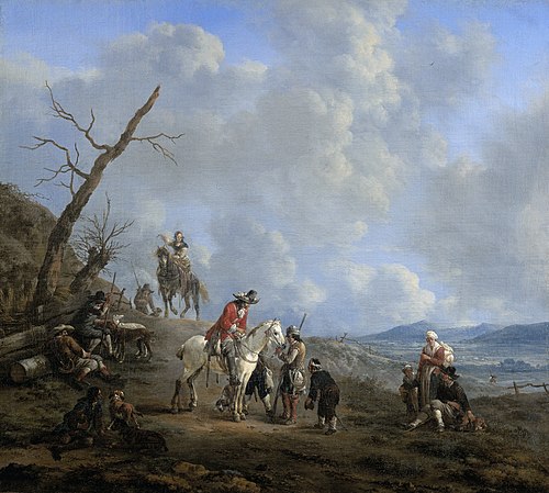 Landscape with riders, hunsters and peasants, 1650, Johannes Lingelbach