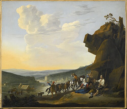 Southern landscape with a view of a bay, with travelers resting, 1665, Johannes Lingelbach