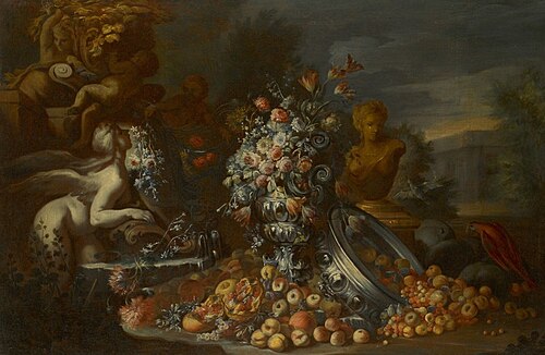 Still Life of Flowers in a Vase, with Fruits Spilling From an Upturned Silver Bowl, , Gaetano Cusati