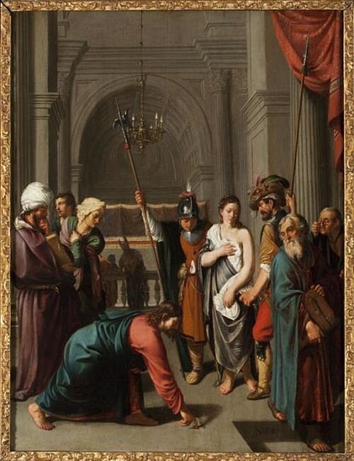 Pharisees bring a woman accused of adultery before Christ (John 8:2-11), 1629, Nicolaes Eliaszoon Pickenoy