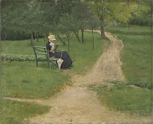 Lesende kvinne på hagebenk, 1882, Sophie Werenskiold