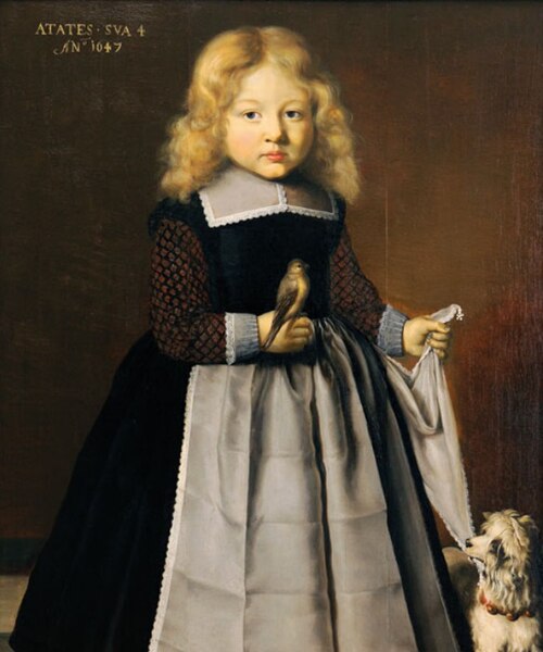 Portrait of a child with a dog and a canary (aged 4)., 1647, Wybrand de Geest