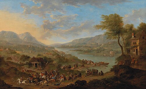 Cavalry skirmish near a river, , Karel Breydel