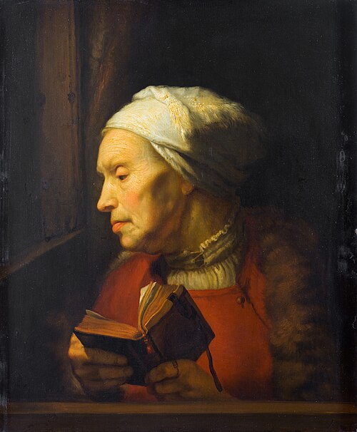 Portrait de vieille femme, tenant un livre ouvert, 1660, Karel van der Pluym