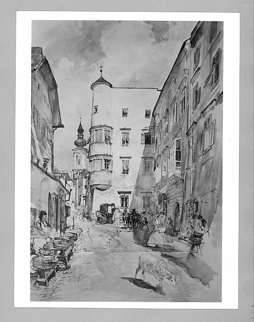 Straße mit Verkaufsständen und Staffage (Gmunden), 1866, Rudolf von Alt