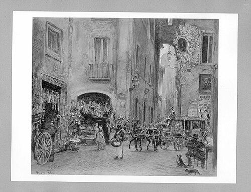Römische Straße mit Gemüseladen und Kutsche (Via di Macel die Corvi in Rom), 1865, Rudolf von Alt