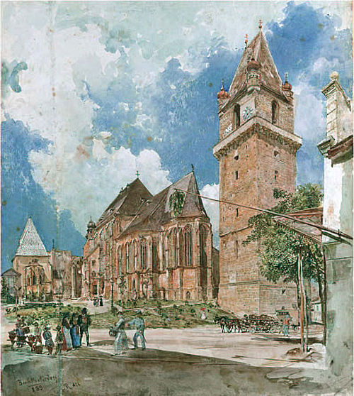 Pfarrkirche und Wehrturm in Perchtoldsdorf bei Wien, 1883, Rudolf von Alt