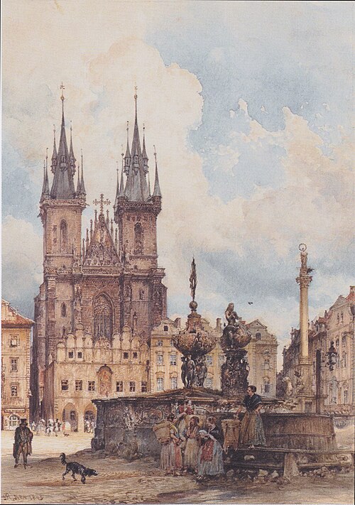 Ansicht des Altstädter Rings mit der Theynkirche in Prag, 1843, Rudolf von Alt