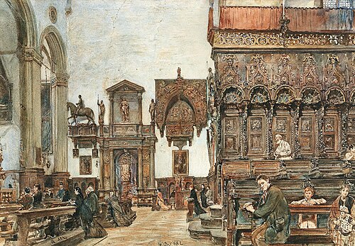 Das Innere der Basilica di Santa Maria Gloriosa dei Frari in Venedig mit Betenden im Chorgestühl, 1882, Rudolf von Alt