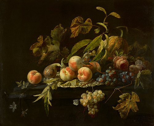 Still Life of Peaches, a Fig, a Watermelon, Bunches of Grapes and a  Rose, , Herman Verelst
