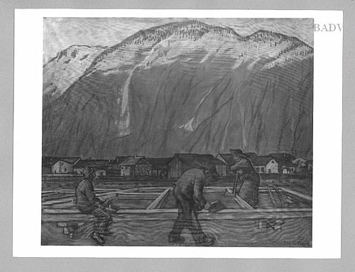 Carpenters working in a mountain Village, 1893, Albin Egger-Lienz