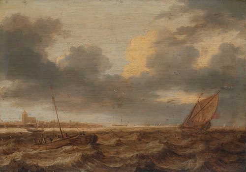 Fishing boats in choppy waters, 1630, Jan Porcellis