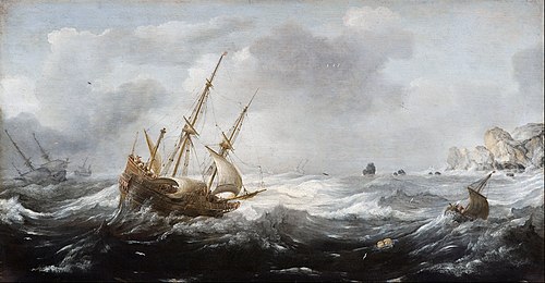 Ships in a Storm on a Rocky Coast, 1615, Jan Porcellis