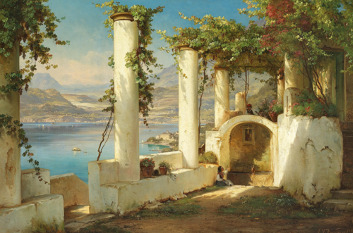 Italians sitting in the shadows of a pergola at a mountain lake., 1883, Carl Frederic Aagaard