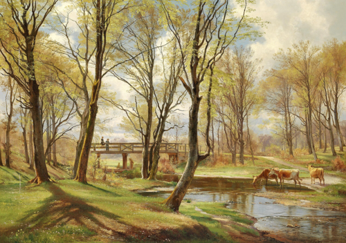 A spring day in the woods with two boys fishing from a bridge. To the right some cows., 1878, Carl Frederic Aagaard